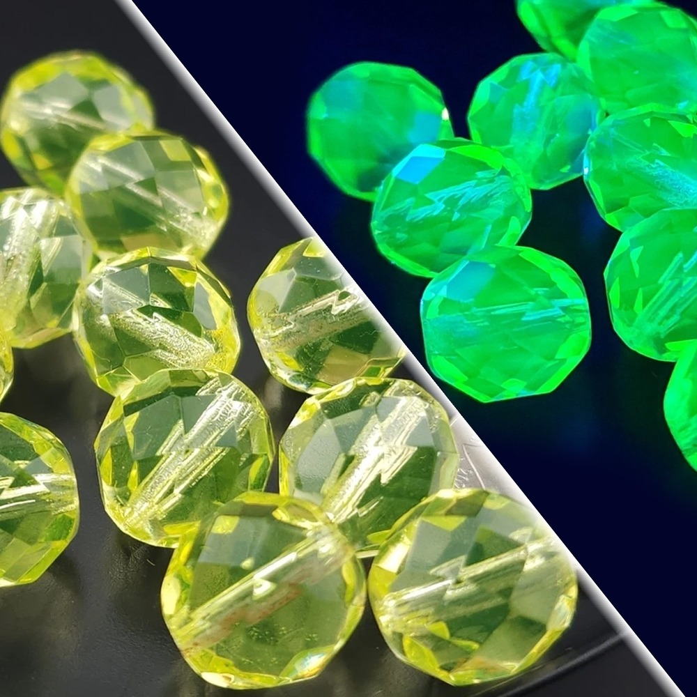 25pcs Vaseline Uranium 12MM Glass Beads UV Light Reactive Firepolish Czech Facet